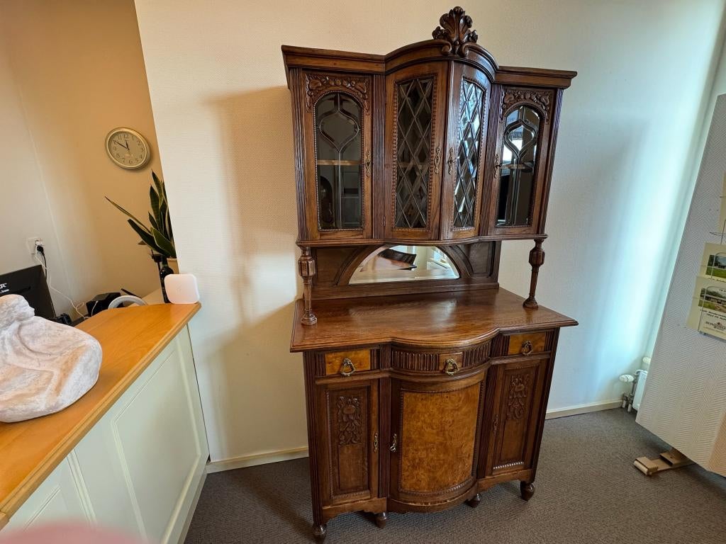 Mooie antieke kast, Ophalen, Glas, Gebruikt, 100 tot 150 cm