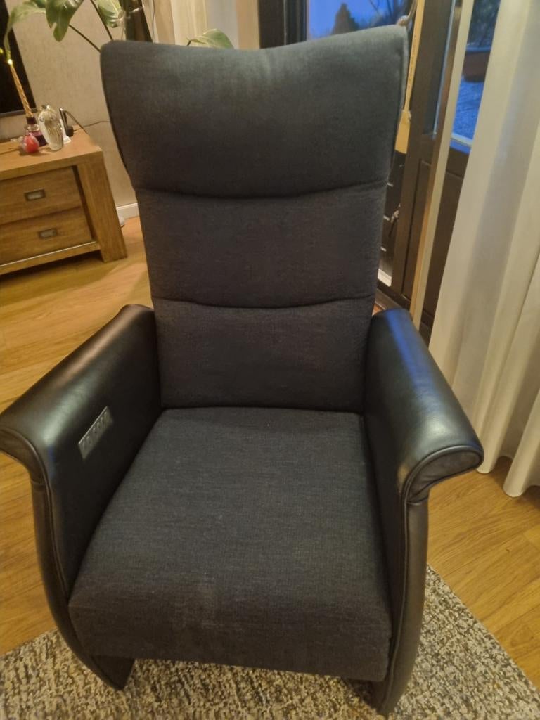 Frans Molenaar Relaxfauteuil - Zwart Leer/Stof, Huis en Inrichting, Modern, Comfort, 75 tot 100 cm, Ophalen of Verzenden, Zo goed als nieuw