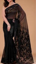 Zwarte Jamdani Sari met Kleurrijke Achal, Zwart, Maat 42/44 (L), Nieuw, Ophalen of Verzenden