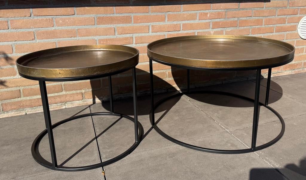 Set van 2 salontafels goud blad zwart onderstel, Ophalen, Gebruikt, 50 tot 100 cm, Rond