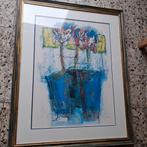Abstracte kunstprint in lijst - Blauwe vazen met bloemen, Ophalen of Verzenden