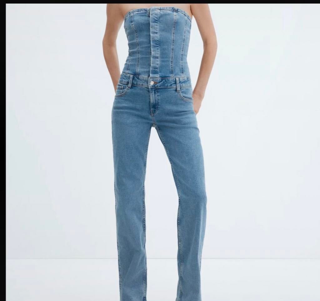 Stijlvolle denim strapless jumpsuit - Maat 36, Ophalen of Verzenden, Gedragen, Maat 36 (S), Blauw