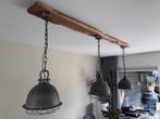 Hanglamp met houten balk en drie schaalvormige lampen, Ophalen, Gebruikt, Hout, 75 cm of meer