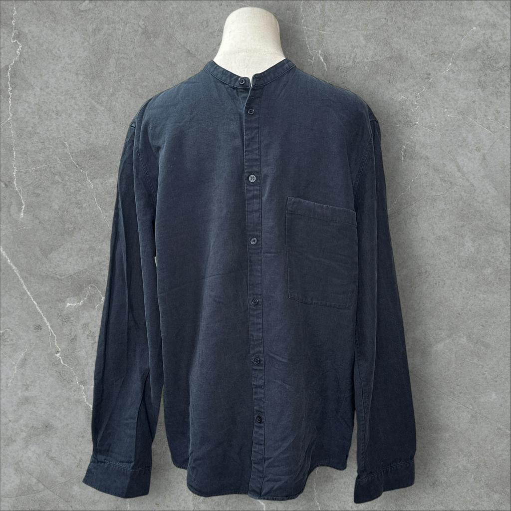 COS Dark Navy Cotton Lyocell Collarless Button Shirt M, Ophalen of Verzenden, Zo goed als nieuw, Blauw
