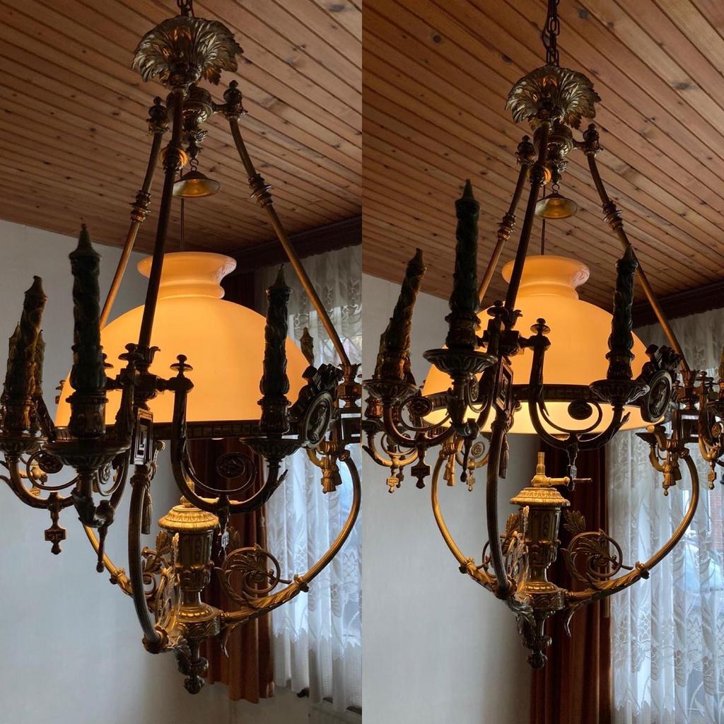 Antieke kroonluchter met glazen roze opaalglas kap, Ophalen