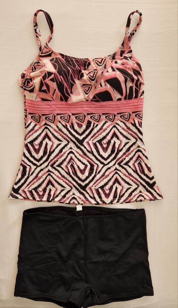 Tankini top en broekje met patroon, Ophalen of Verzenden, Zo goed als nieuw, Zwart, Bikini