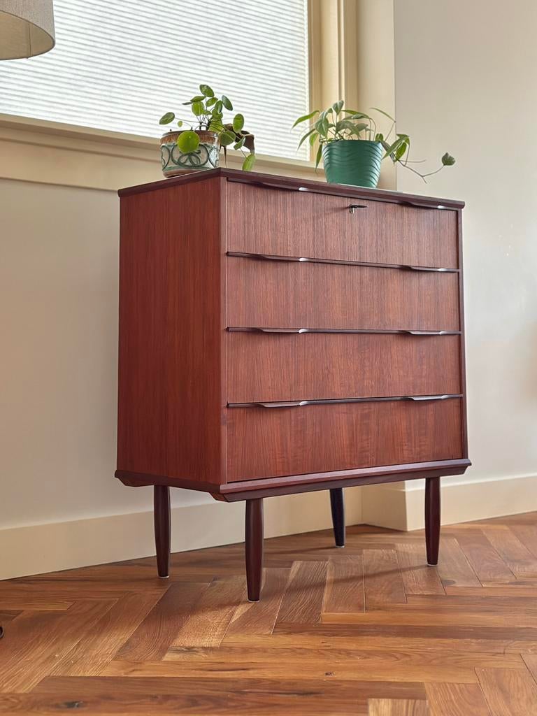 Vintage ladekast teak hout jaren 50/60 Deens Scandinavisch, Ophalen, Gebruikt, Teakhout, 50 tot 100 cm