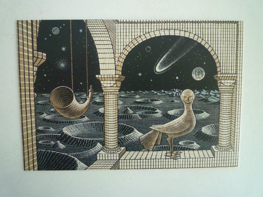 Kunstkaart houtgravure in drie kleuren M.C. Escher Leeuwarde, Ophalen of Verzenden, Voor 1920, Overige thema's