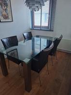 Design eethoek: glazen tafel + 4 Bert Plantagie stoelen, Ophalen, Gebruikt, Modern, tijdloos design, 4 tot 6 stoelen