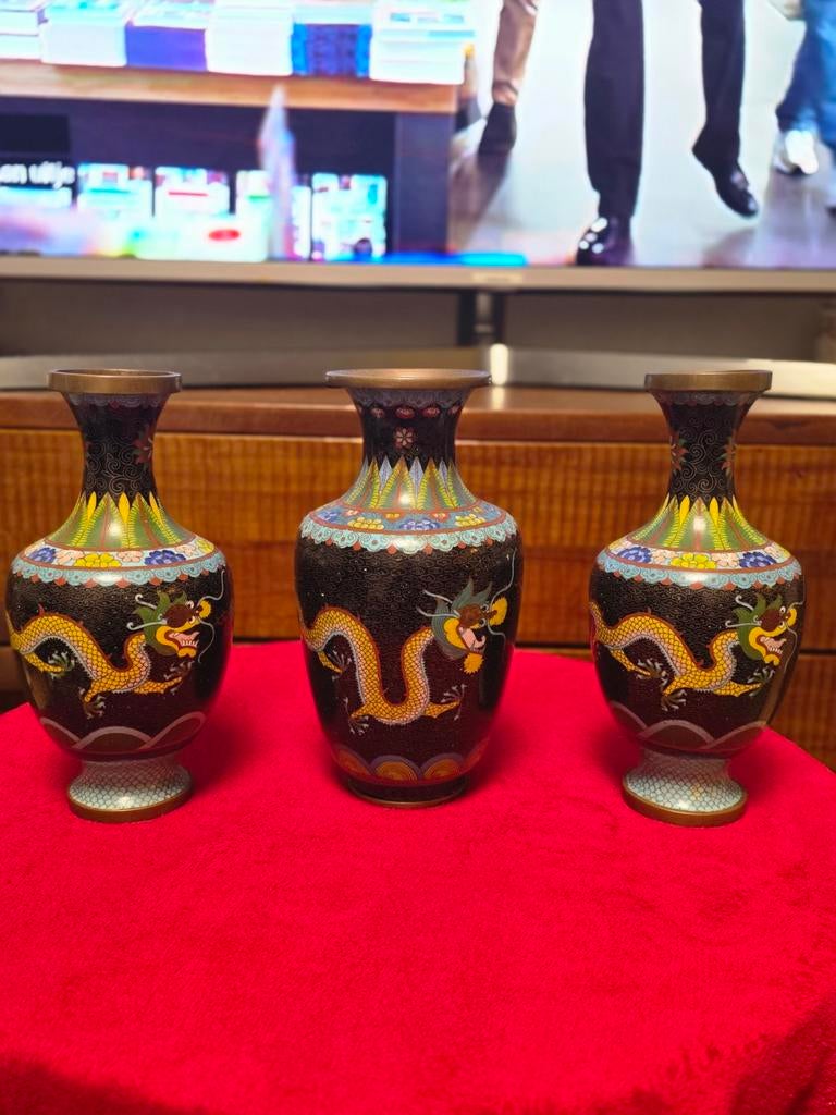 Unieke set van 3 handgemaakte cloisonné vazen - 24cm, Antiek en Kunst, Ophalen of Verzenden