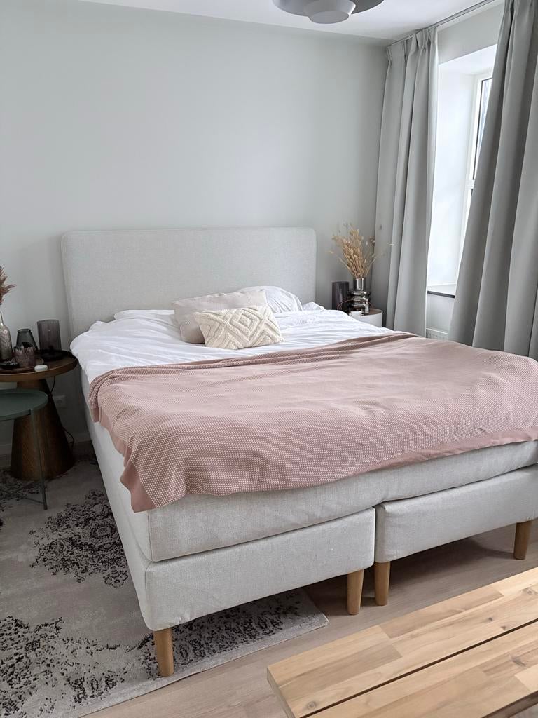 IKEA Boxspring met topper 160cm greige/grijs/beige, Ophalen, Beige, Tweepersoons, Zo goed als nieuw
