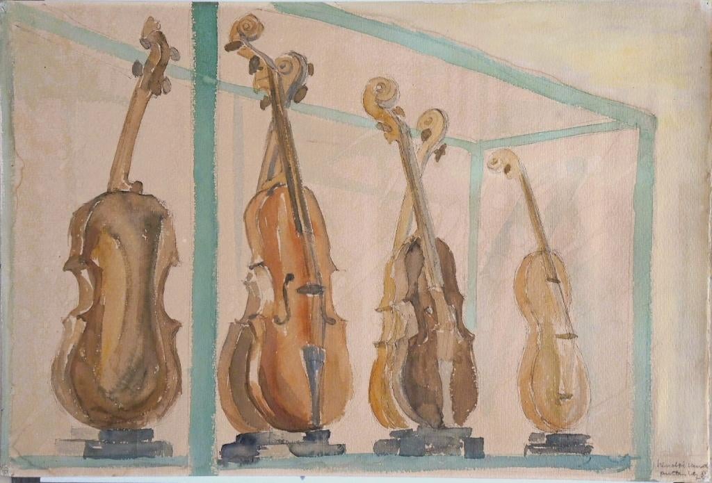 Hendri v d Putten aquarel "6 Violen in Vitrine", gesigneerd, Ophalen