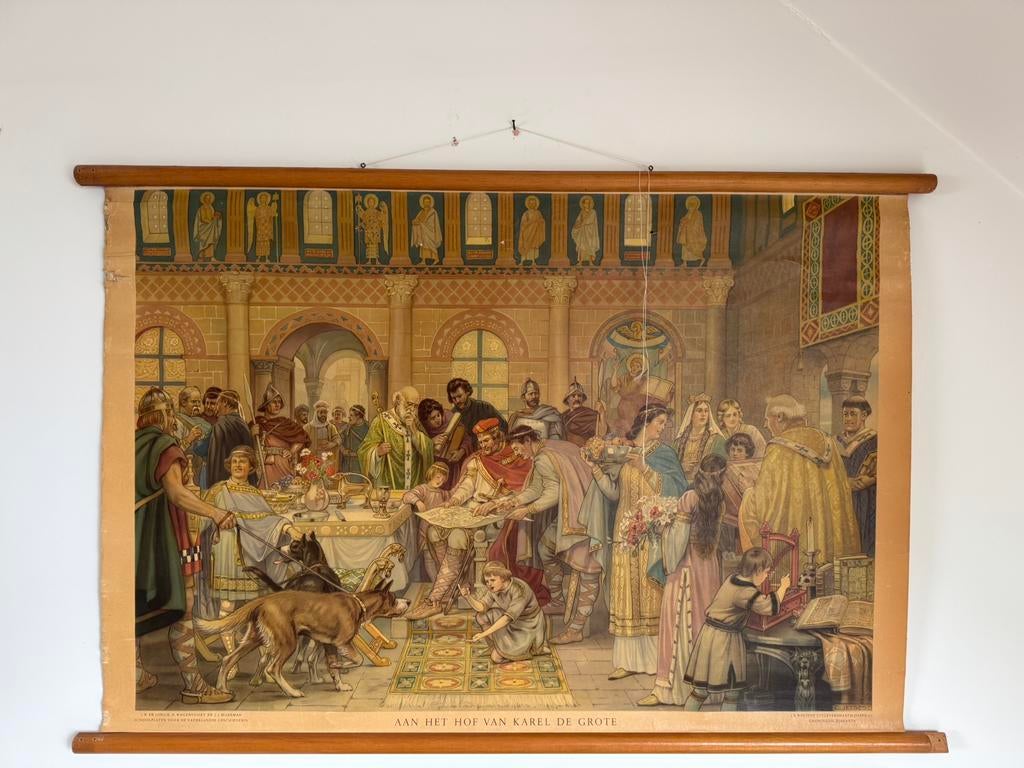 Aan het hof van Karel de Grote | schoolplaat, Antiek en Kunst, Antiek | Schoolplaten, Ophalen, Geschiedenis
