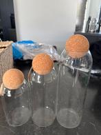 Glazen voorraadpotten met kurken deksel, 3 stuks, Ophalen of Verzenden, Gebruikt