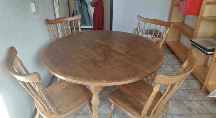 Eiken Houten Uitschuifbaar Rond Ovaal Eettafel Set 4 Stoelen, Huis en Inrichting, Tafels | Eettafels, Gebruikt, 100 tot 150 cm