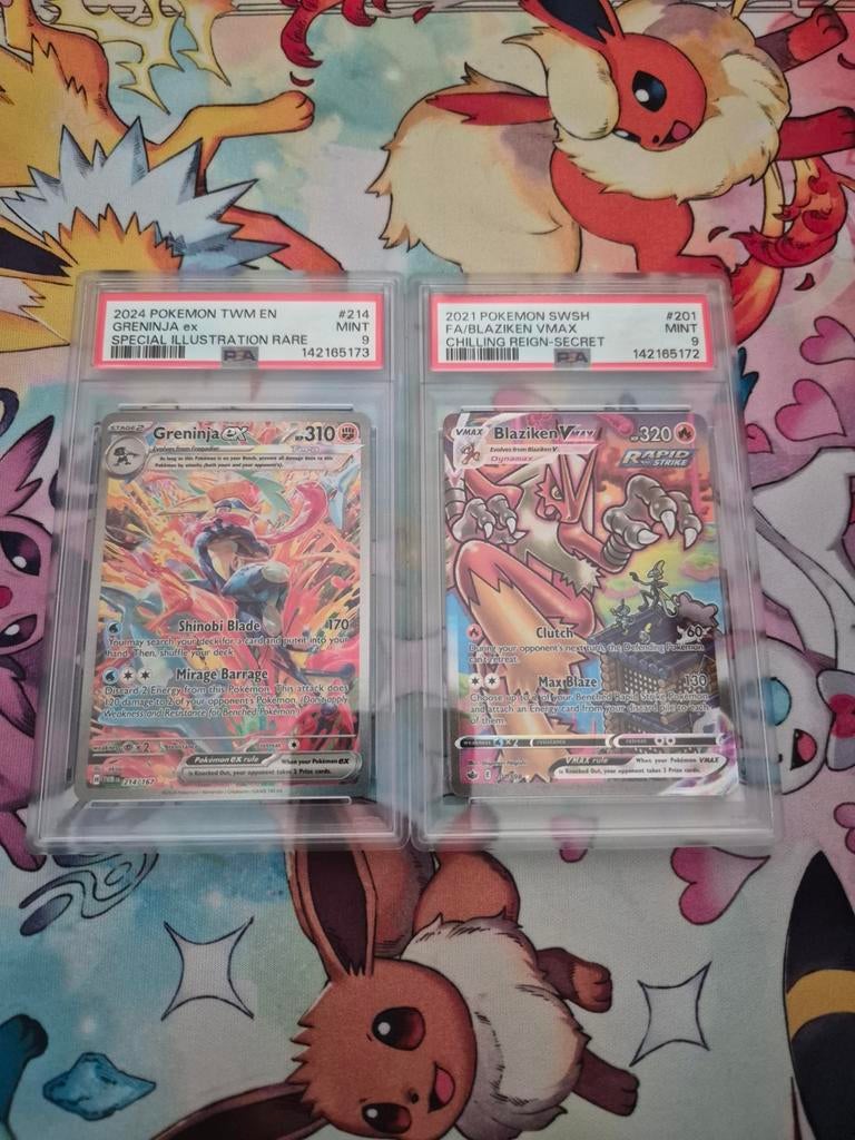 PSA 9 Greninja EX & Blaziken VMAX Pokémon kaarten, Hobby en Vrije tijd, Verzamelkaartspellen | Pokémon, Ophalen of Verzenden, Zo goed als nieuw