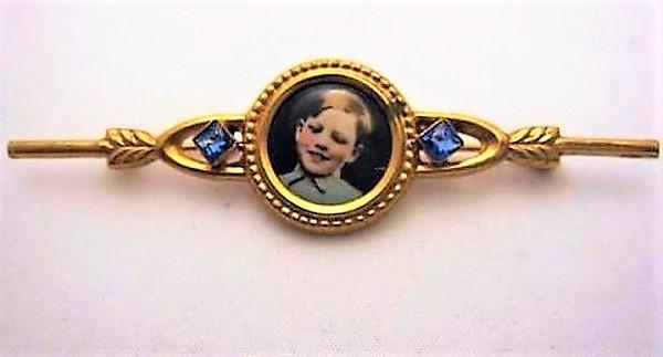 Antieke doublé staafbroche met Blauwe steentjes (7131-4513), Sieraden, Tassen en Uiterlijk, Antieke sieraden, Broche, Overige materialen