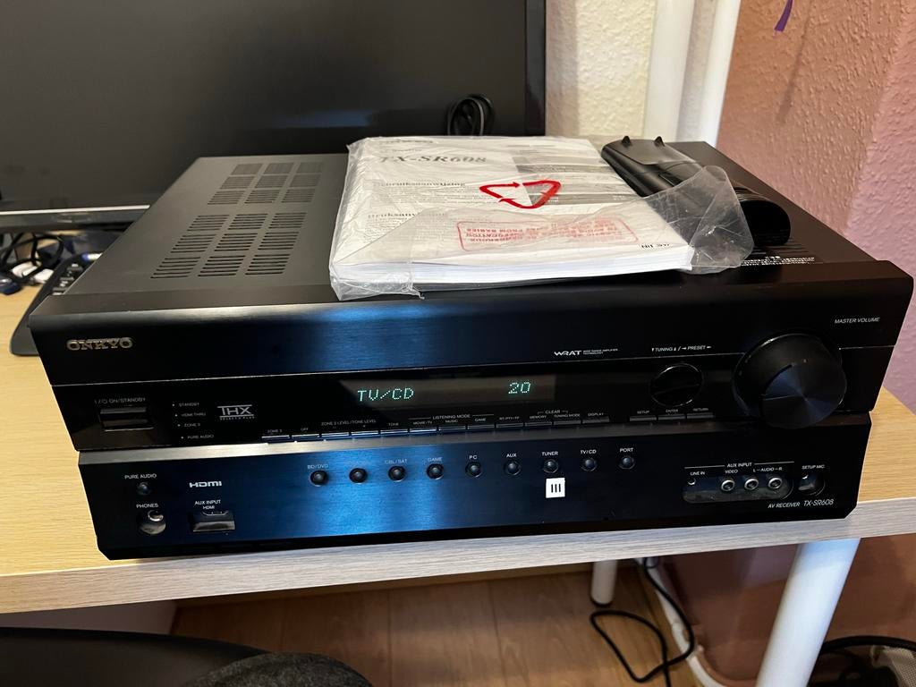 Onkyo Receiver TX-SR608 met Harman Kardon speakerset, Gebruikt, Complete surroundset, 120 watt of meer, Ophalen