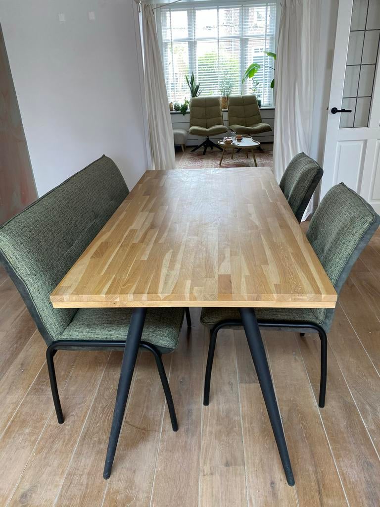 Eettafel 180x90 met bankje en stoelen - Profijt Meubel, Ophalen, Gebruikt, 50 tot 100 cm, 150 tot 200 cm