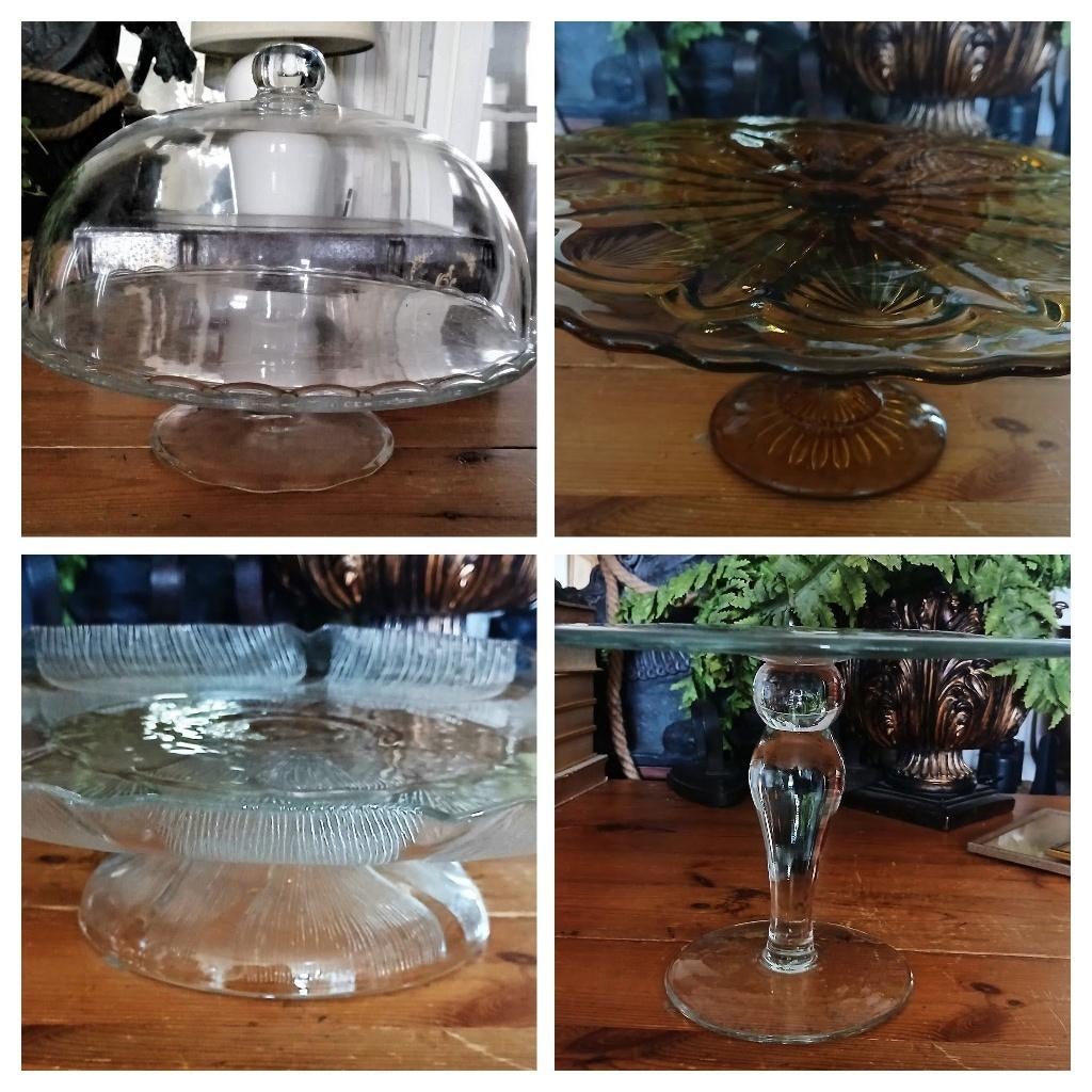Glazen plateau met stolp glas taart plateau stolp, Ophalen of Verzenden