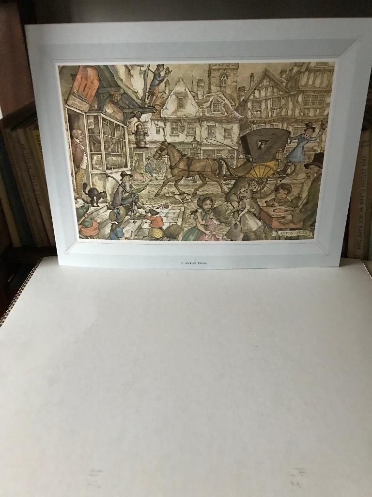 Anton Pieck prent rijtuig- winkel The GreatBritaint. etc,, Verzamelen, Ophalen of Verzenden, Zo goed als nieuw, Voor 1940, Prent