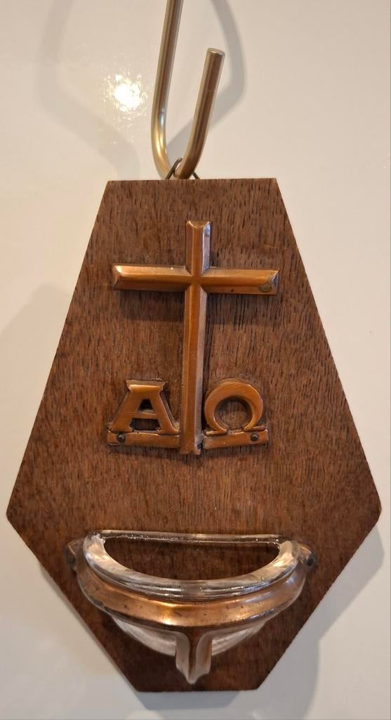 Vintage wijwaterbakje met kruis en Alpha & Omega, Antiek en Kunst, Ophalen of Verzenden