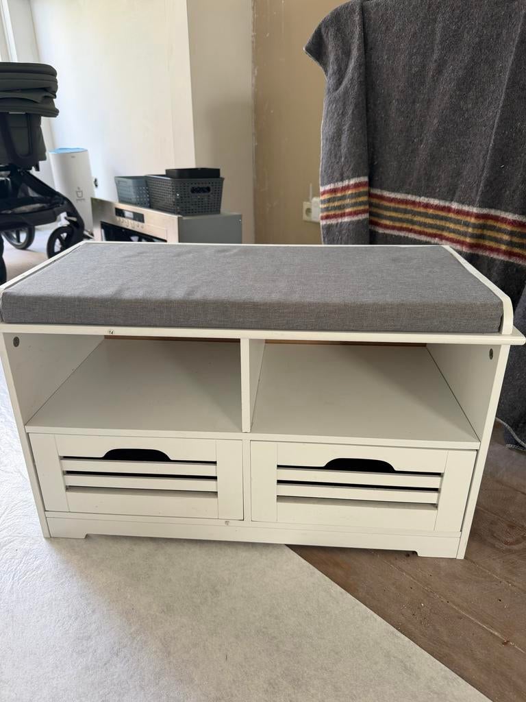 Schoenenbankje met kussen en lades - wit, Ophalen, Zo goed als nieuw