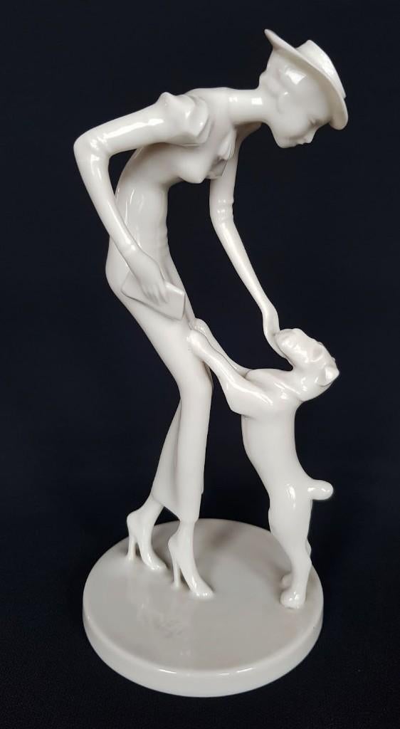 Art Deco Beeldje - Dame met haar terrier - Metzler & Ortloff, Antiek en Kunst, Antiek | Porselein, Ophalen of Verzenden