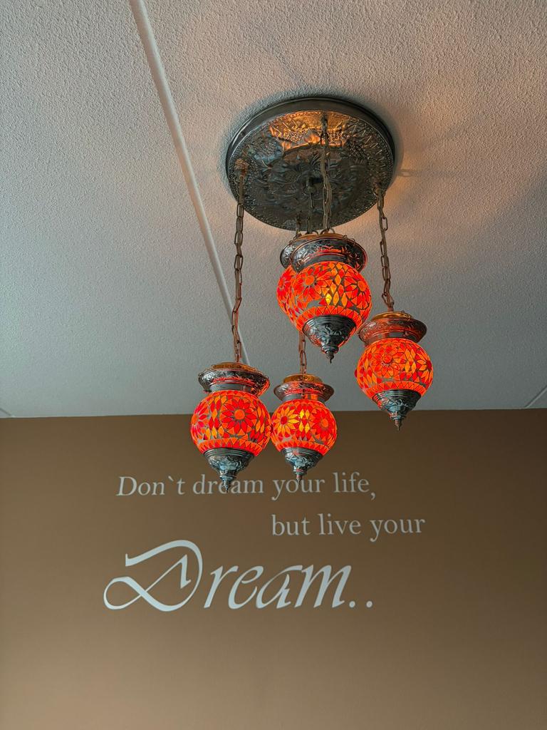 Marokkaanse hanglamp met 5 bollen, Huis en Inrichting, Lampen | Hanglampen, Ophalen of Verzenden, Zo goed als nieuw, Glas, Minder dan 50 cm