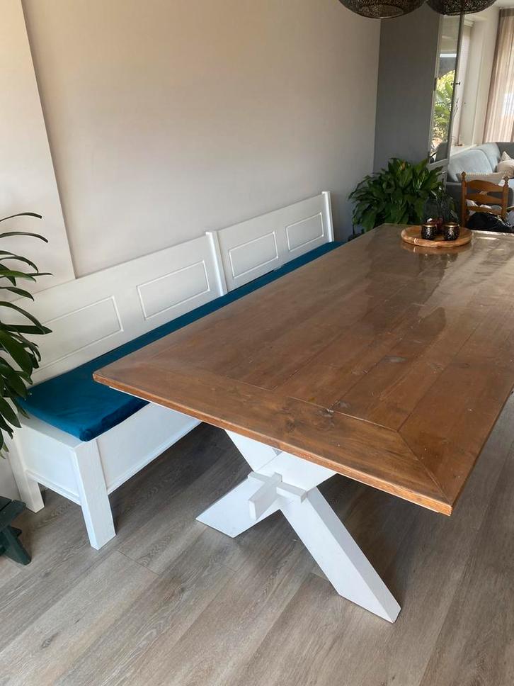 Eettafel met eetbank in landelijke stijl, Huis en Inrichting, Tafels | Eettafels, Gebruikt, 100 tot 150 cm, 200 cm of meer, Rechthoekig