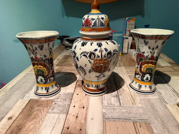 Polychroom Delfts Blauw Vazen Set - Handgeschilderd Holland, Antiek en Kunst, Antiek | Vazen, Ophalen of Verzenden