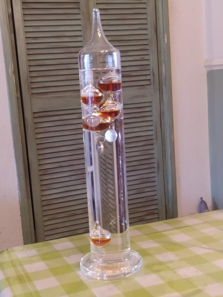 Galilei thermometer cognac 5 bollen, Ophalen of Verzenden, Zo goed als nieuw, Binnenthermometer