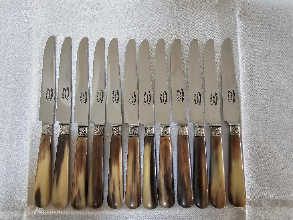 12 antieke hoornen dessertmessen ontbijtmessen * siermanchet, Antiek en Kunst, Ophalen of Verzenden
