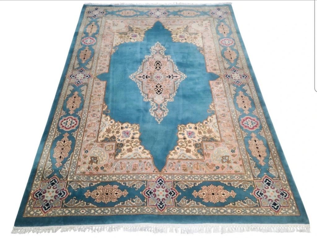 Handmade oriental wool Kirman carpet light blue 175x235cm, Persian Perzisch vintage oosters hype, Gebruikt, Crème, HYPE POP-UP