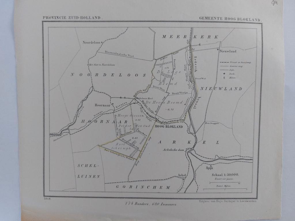 74 / Hoog Blokland hoornaar Noordeloos Litho 1868 J. Kuyper, Ophalen of Verzenden