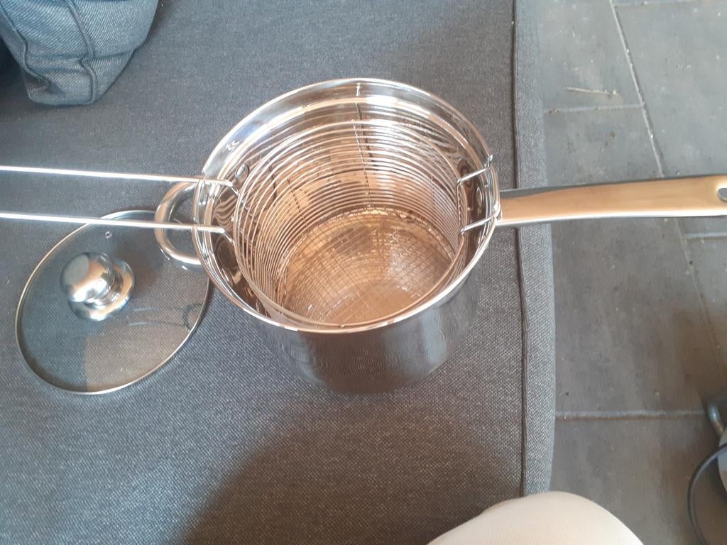 RVS Kookpan met Frituurmandje en Glazen Deksel, Ophalen of Verzenden, Zo goed als nieuw, Rvs, Kookpan of Snelkookpan