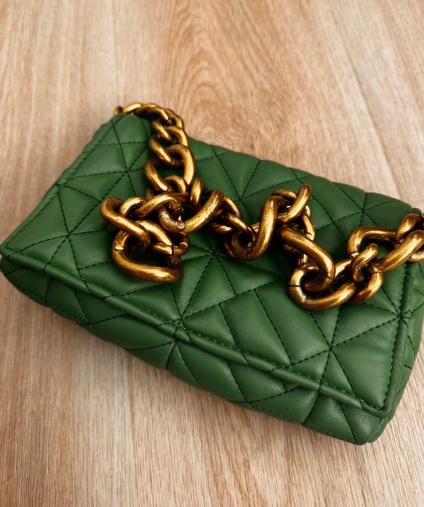 Zara Groene Leren Tas met Gouden Ketting - Zo Goed als Nieuw, Ophalen of Verzenden, Zo goed als nieuw, Groen, Schoudertasje