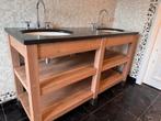 Badkamermeubel Eiken, Belgisch hardstenen blad, 2 wasbakken, Ophalen, Gebruikt, 150 tot 200 cm, Minder dan 100 cm