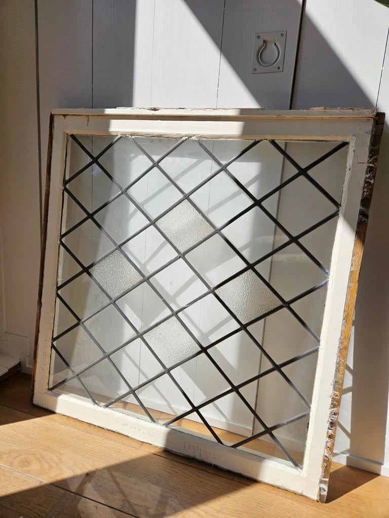 2x Houten kozijn met glas in lood (ca. 90x90 cm), Ophalen, Gevelraam of Ruit, Gebruikt, Glas in lood