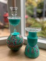 Vintage Glaswerk Kandelaar Set - Aqua Groen, Overige materialen, Gebruikt, Ophalen of Verzenden, Groen