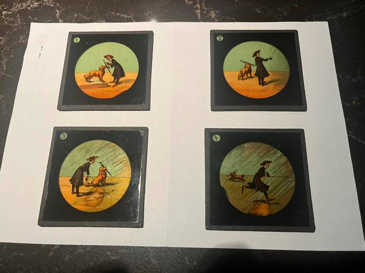 Toverlantaarnplaatjes 2 sets van 4 stuks, Antiek en Kunst, Antiek | Tv's en Audio, Ophalen