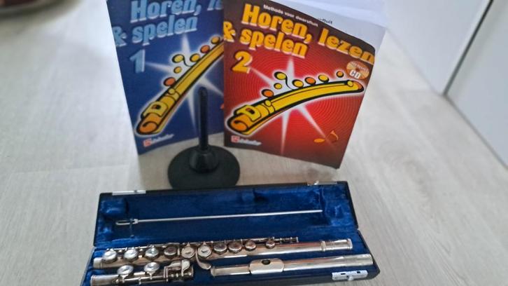 Dwarsfluit + standaard + Horen lezen spelen 1 & 2, Muziek en Instrumenten, Blaasinstrumenten | Dwarsfluiten en Piccolo's, Gebruikt