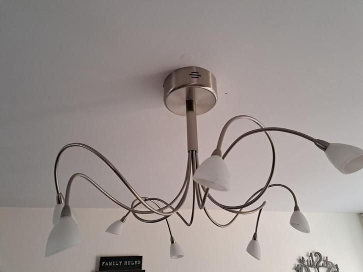 Hanglamp rvs 8 melkglaasjes Steinhauer evt met muurdimmer, Huis en Inrichting, Lampen | Hanglampen, Zo goed als nieuw, Minder dan 50 cm