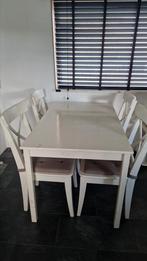 Ikea eettafel wit en Ingolf eetkamer stoelen., Ophalen, Gebruikt, 4 tot 6 stoelen