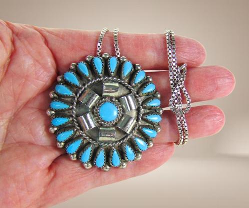 Waanzinnig mooie NAVAJO zilver turquoise cluster hanger/broc, Sieraden, Tassen en Uiterlijk, Broches, Zo goed als nieuw, Zilver