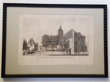 Oude gravure Meppeler toren met oude spits, origineel beschikbaar voor biedingen