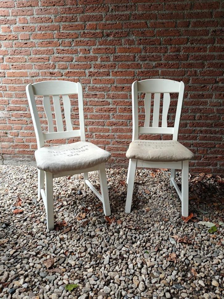 Eetkamerstoelen postzakbekleding, Huis en Inrichting, Stoelen, Gebruikt, Twee, Hout, Stof, Wit, Ophalen