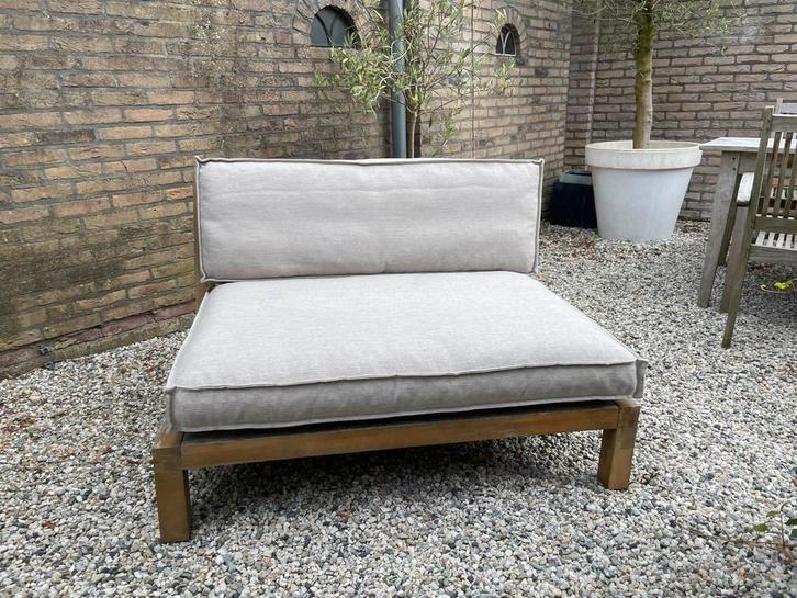 Karwei pallet bank Trevor met Serdi zand kussens, Tuin en Terras, Tuinsets en Loungesets, Gebruikt, Loungeset, Hout, 2 zitplaatsen