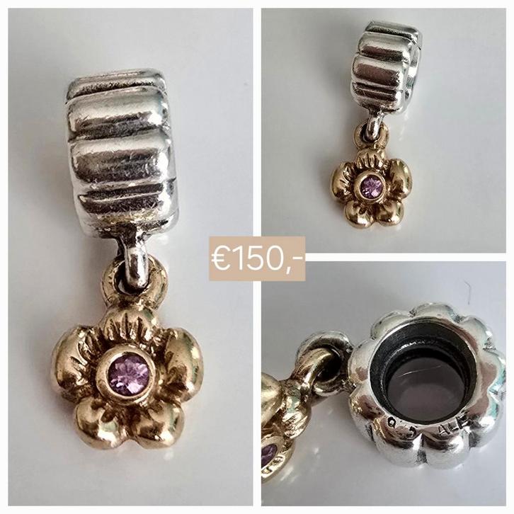 Retired Pandora bedel, zilver 14 karaat goud en saffier, Sieraden, Tassen en Uiterlijk, Bedels, Zo goed als nieuw, Pandora, Goud