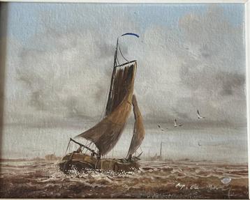 Olieverf schilderij op paneel, botter op open zee beschikbaar voor biedingen